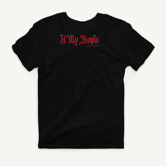 If My People black T-shirt front view with red 2 Chronicles 7:14 design