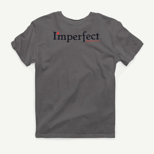 I'mperfect charcoal T-shirt front view with black and red Matthew 5:48 design