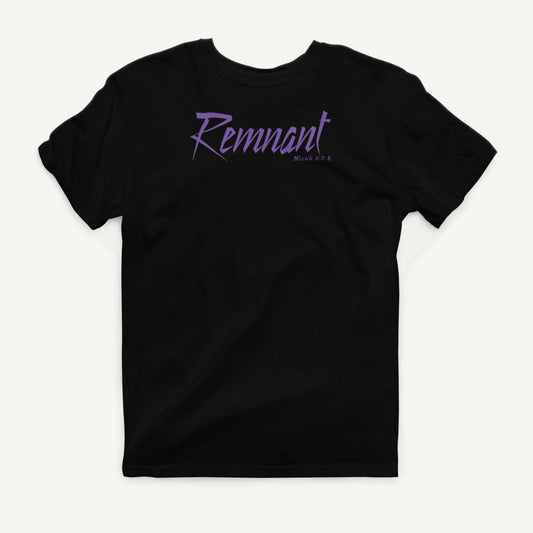 Remnant black T-shirt front view with purple Micah 5:7-8 design