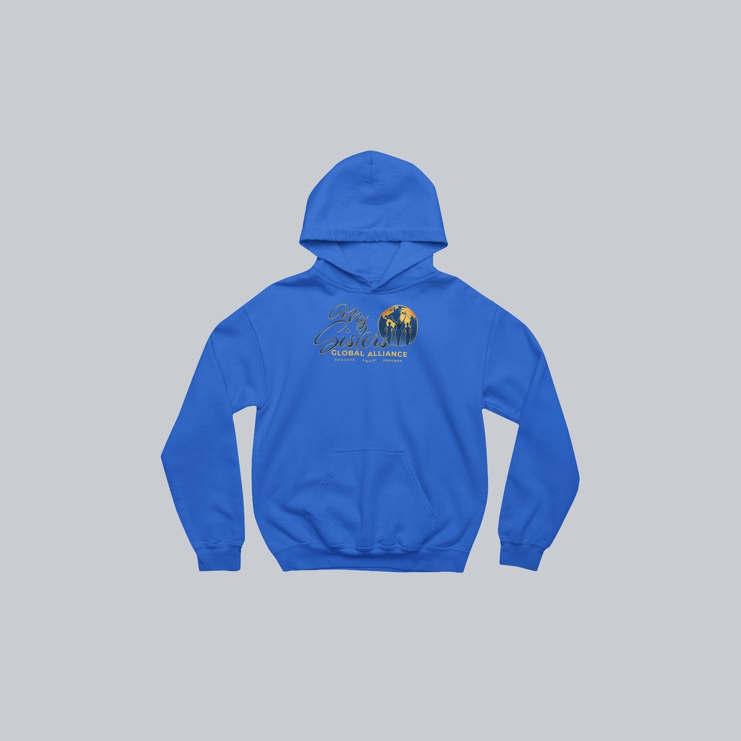 My Sisters Global Alliance gold logo premium hoodie in royal blue on neutral gray background