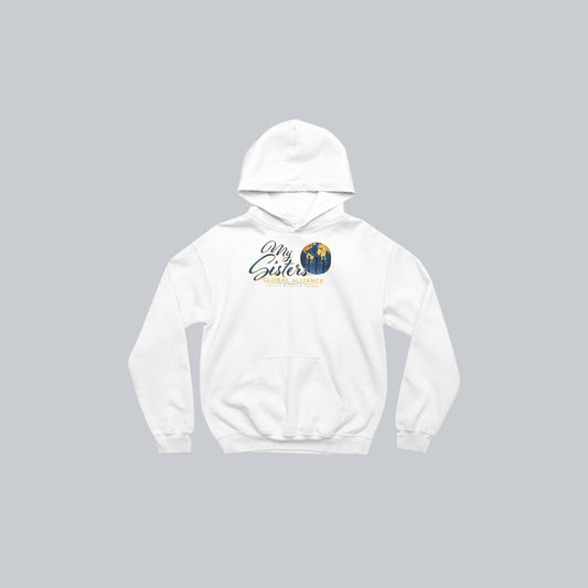 My Sisters Global Alliance gold logo premium hoodie in white on neutral gray background