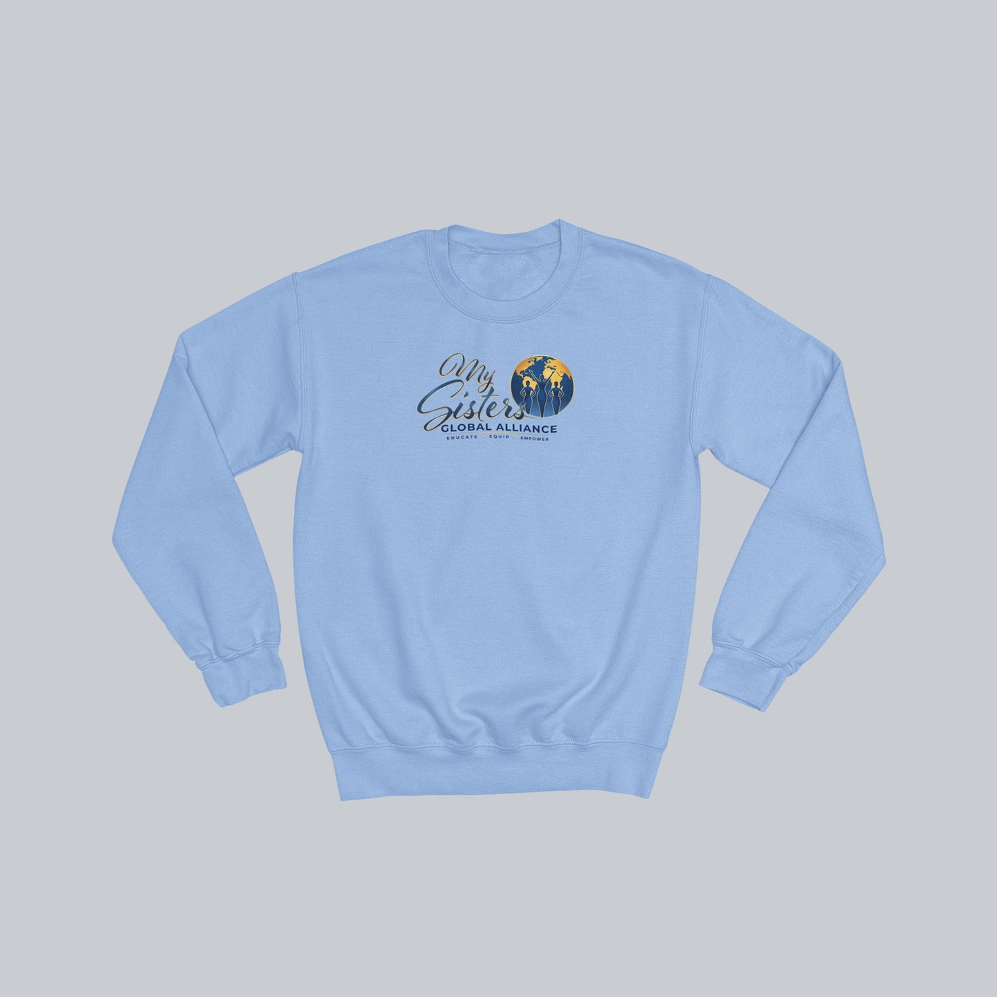 My Sisters Global Alliance blue logo premium crewneck sweatshirt in Carolina blue on neutral gray background