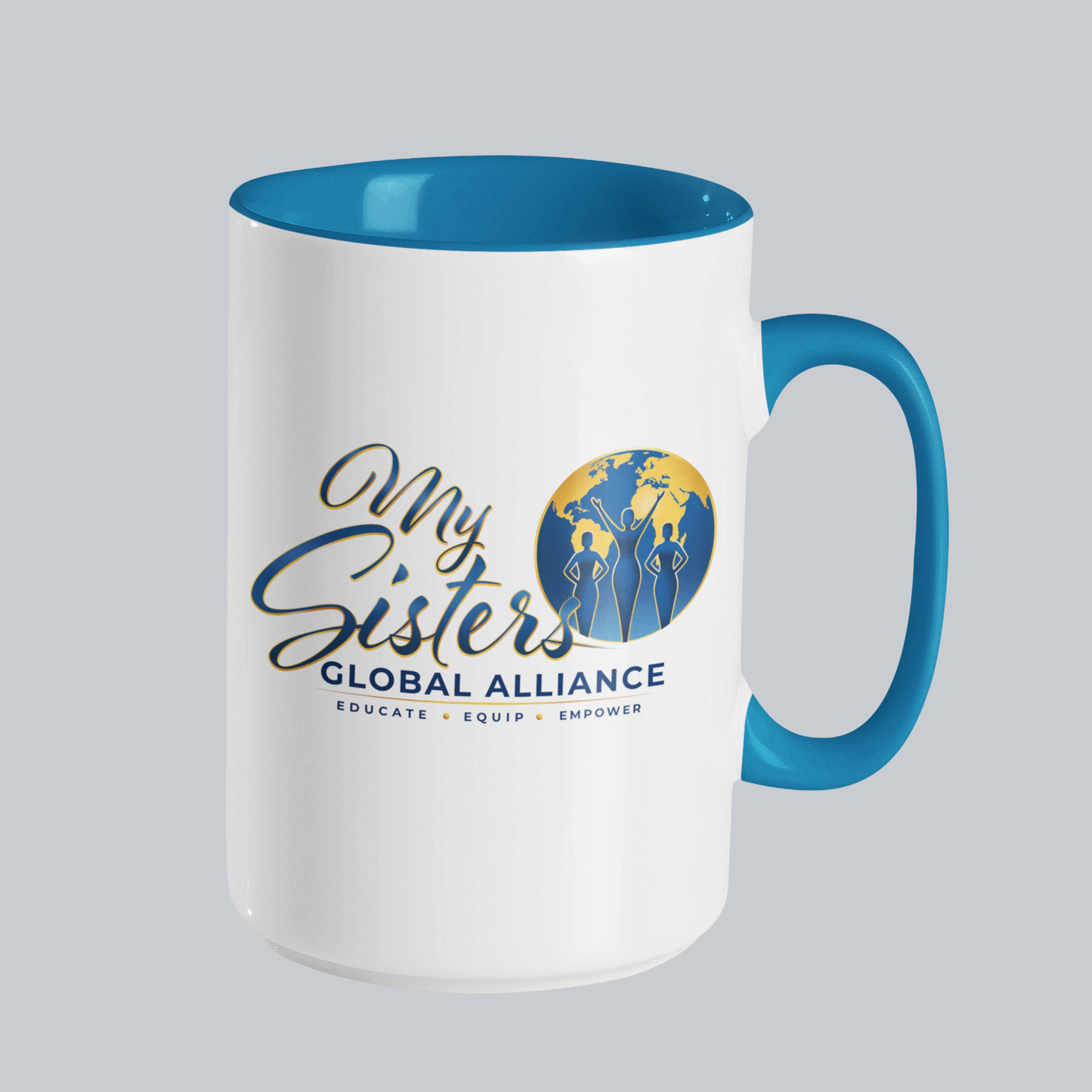 MySGA 15 oz ceramic mug with blue interior, rim, and handle on approved light gray background