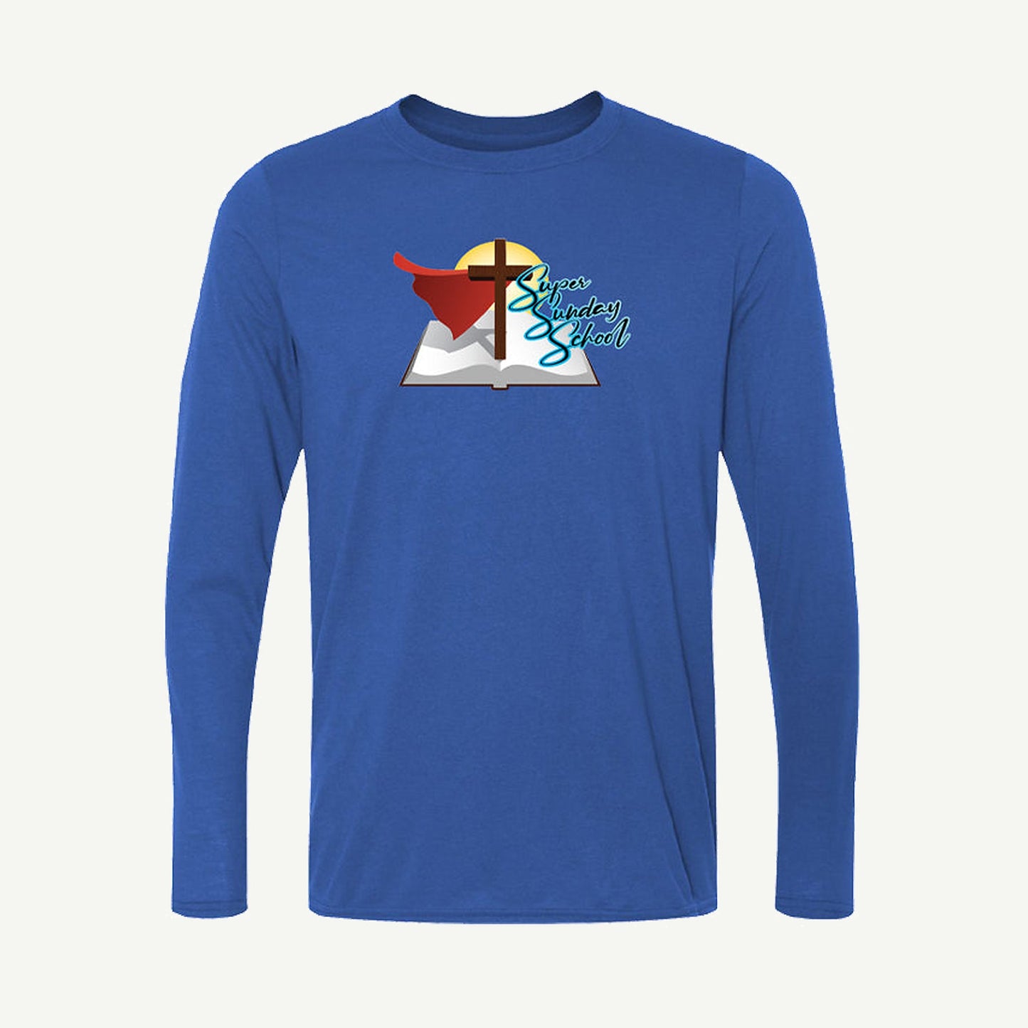 Super Sunday School long sleeve performance tee in royal blue