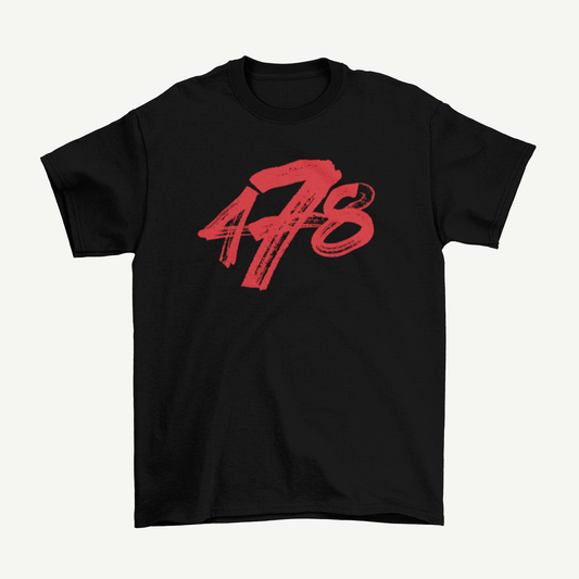 Macon Apparel Company Four Seven Eight T-shirt in black with red print, front view