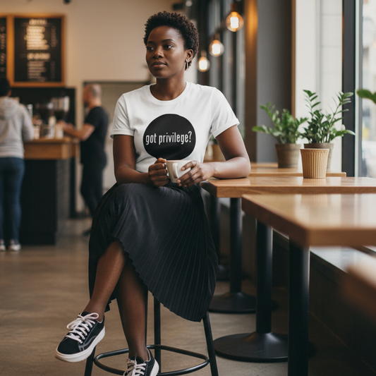 Woman wearing the Got Privilege? Premium T-Shirt in a café