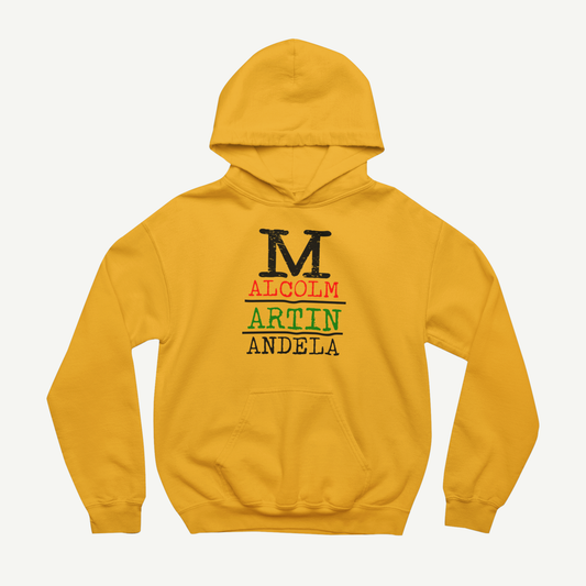 Gold Malcolm Martin and Mandela legacy premium hoodie on a warm neutral background