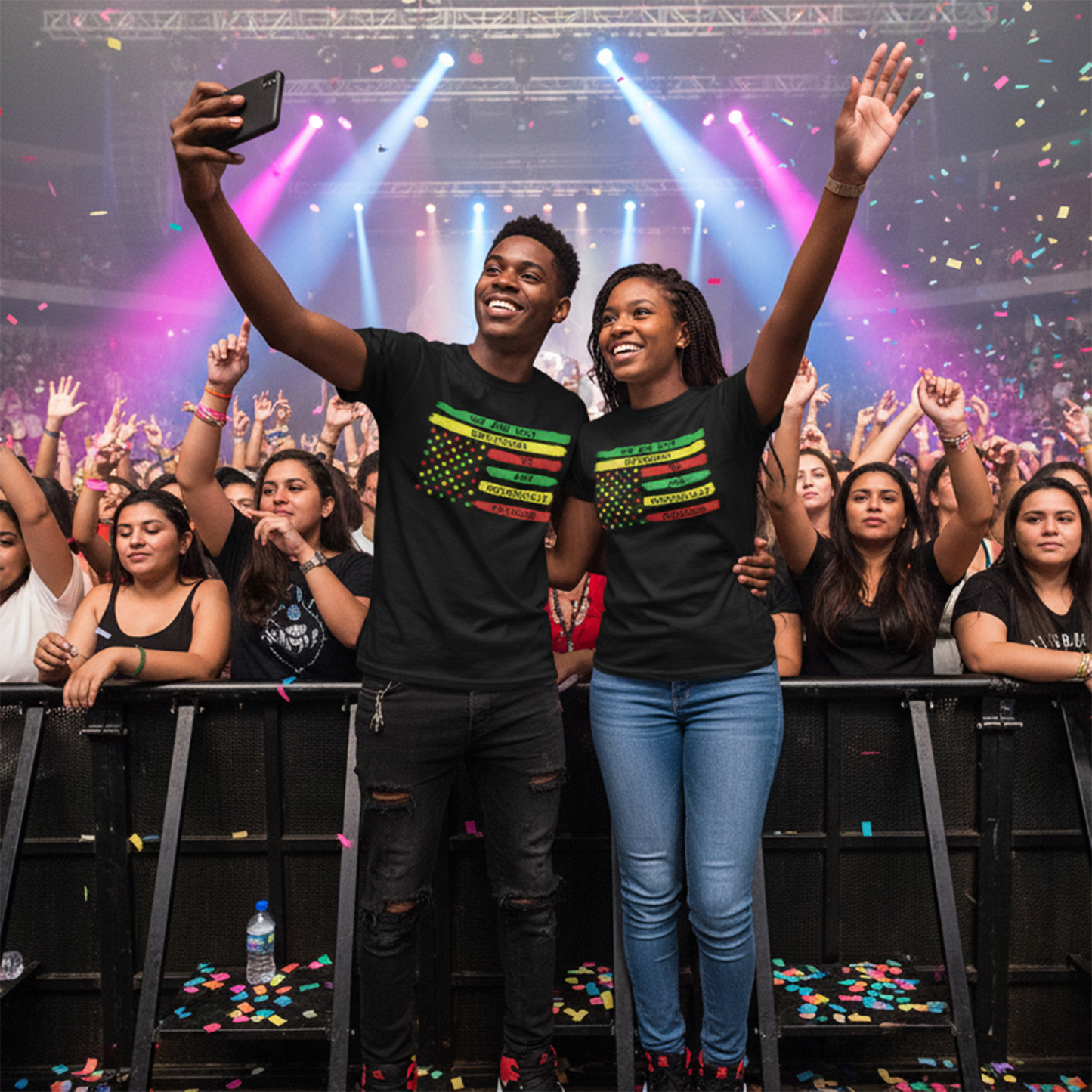 People wearing black We Are Not Emotional, We Are Historically Fatigued Juneteenth Flag premium T-shirts at a concert