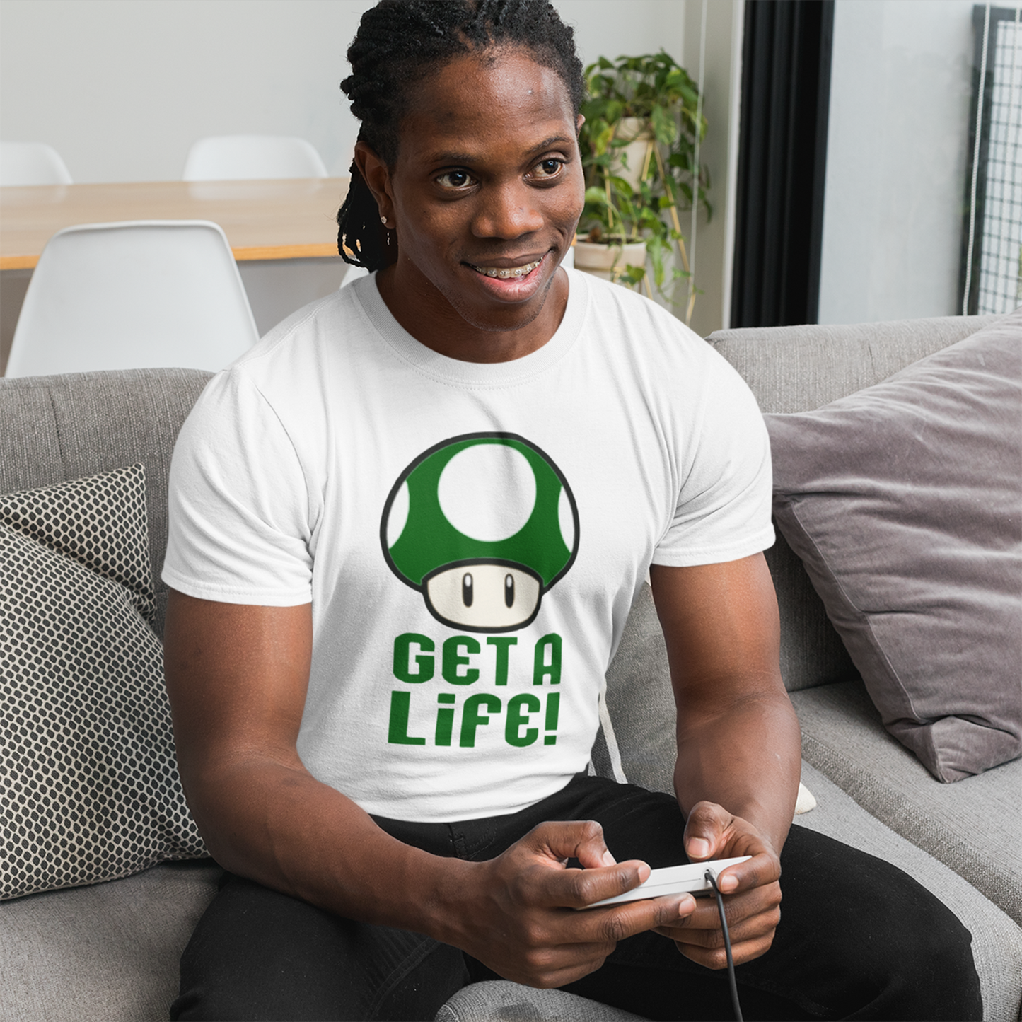 Get A Life Premium Graphic Tee lifestyle image in white by Phat & Nerdy
