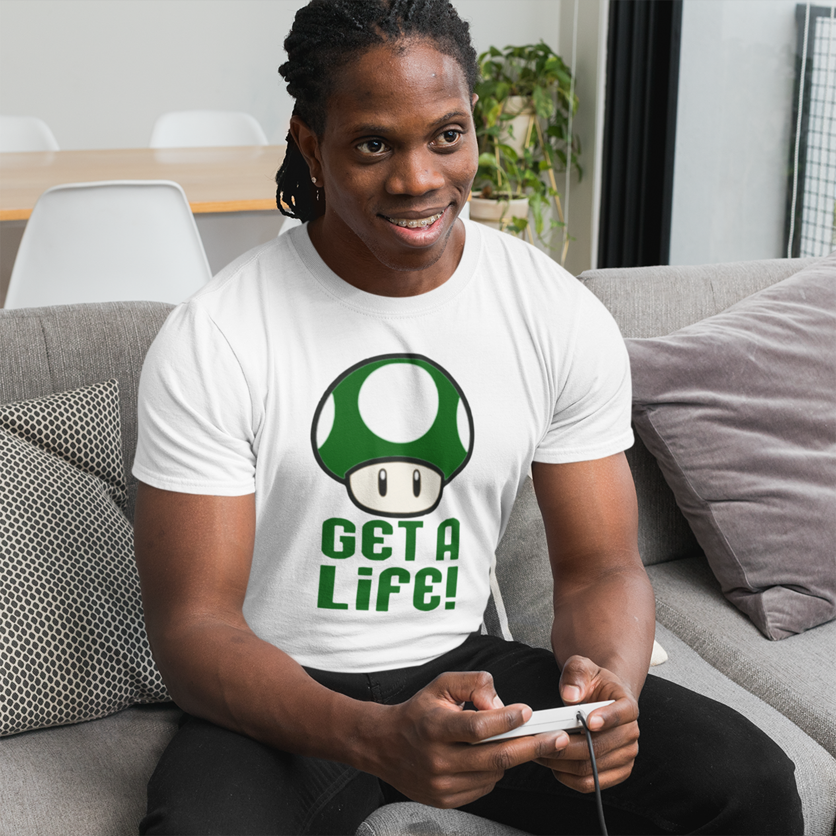 Get A Life Premium Graphic Tee lifestyle image in white by Phat & Nerdy