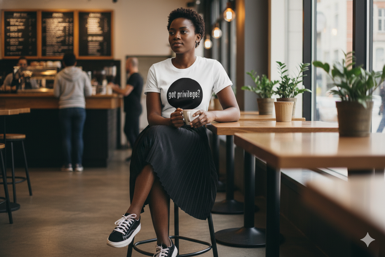 Woman wearing the Got Privilege? Premium T-Shirt in a café