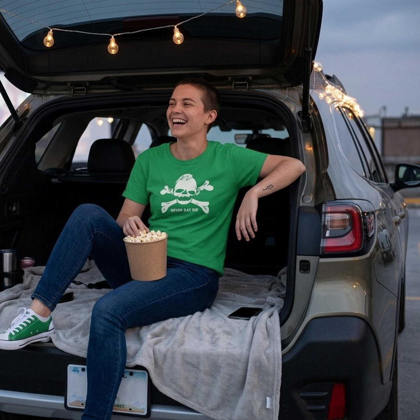 Never Say Die Premium Graphic Tee lifestyle image in Irish green by Phat & Nerdy