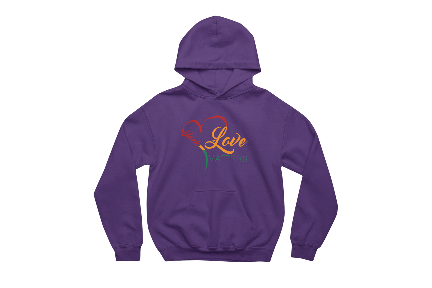 Purple hooded sweatshirt with a front pocket and a heart design incorporating the words 'Black Love Matters.' The heart is outlined in red, yellow, and green, and the text is in a gradient of orange and red.
