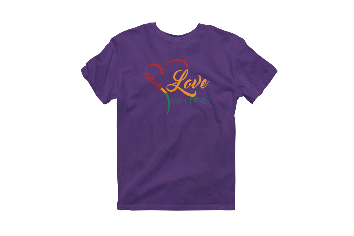 Purple short-sleeve t-shirt with a heart design incorporating the words 'Black Love Matters.' The heart is outlined in red, yellow, and green, and the text is in a gradient of orange and red.