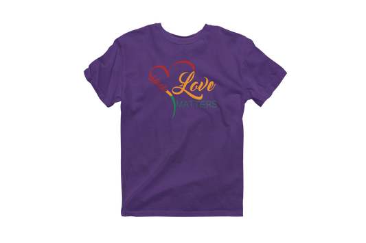 Purple short-sleeve t-shirt with a heart design incorporating the words 'Black Love Matters.' The heart is outlined in red, yellow, and green, and the text is in a gradient of orange and red.