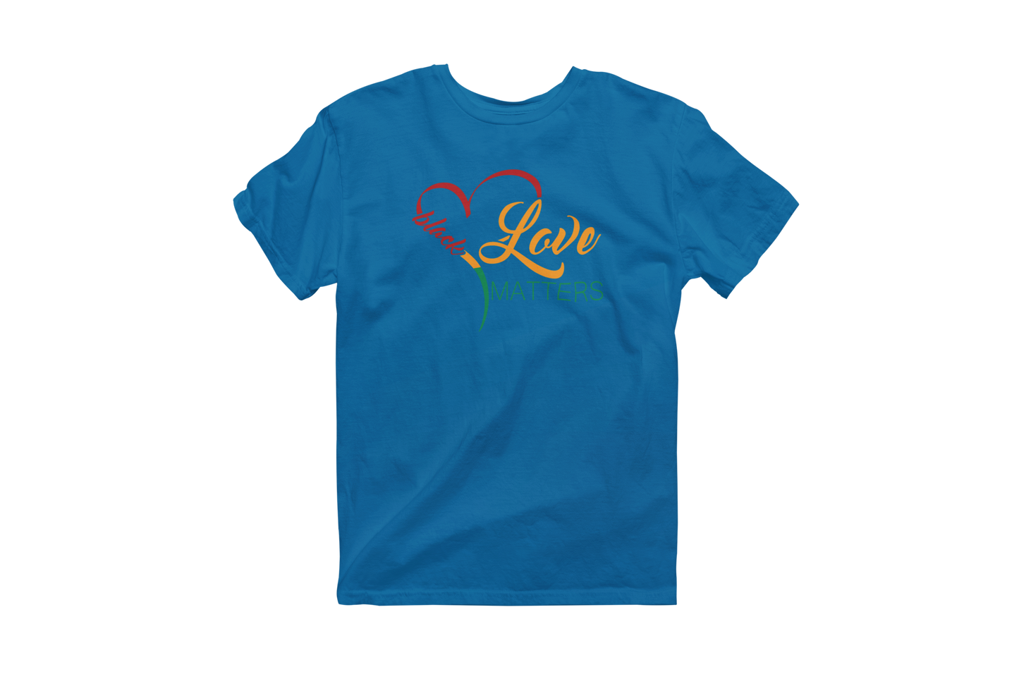 Sapphire blue short-sleeve t-shirt with a heart design incorporating the words 'Black Love Matters.' The heart is outlined in red, yellow, and green, and the text is in a gradient of orange and red.
