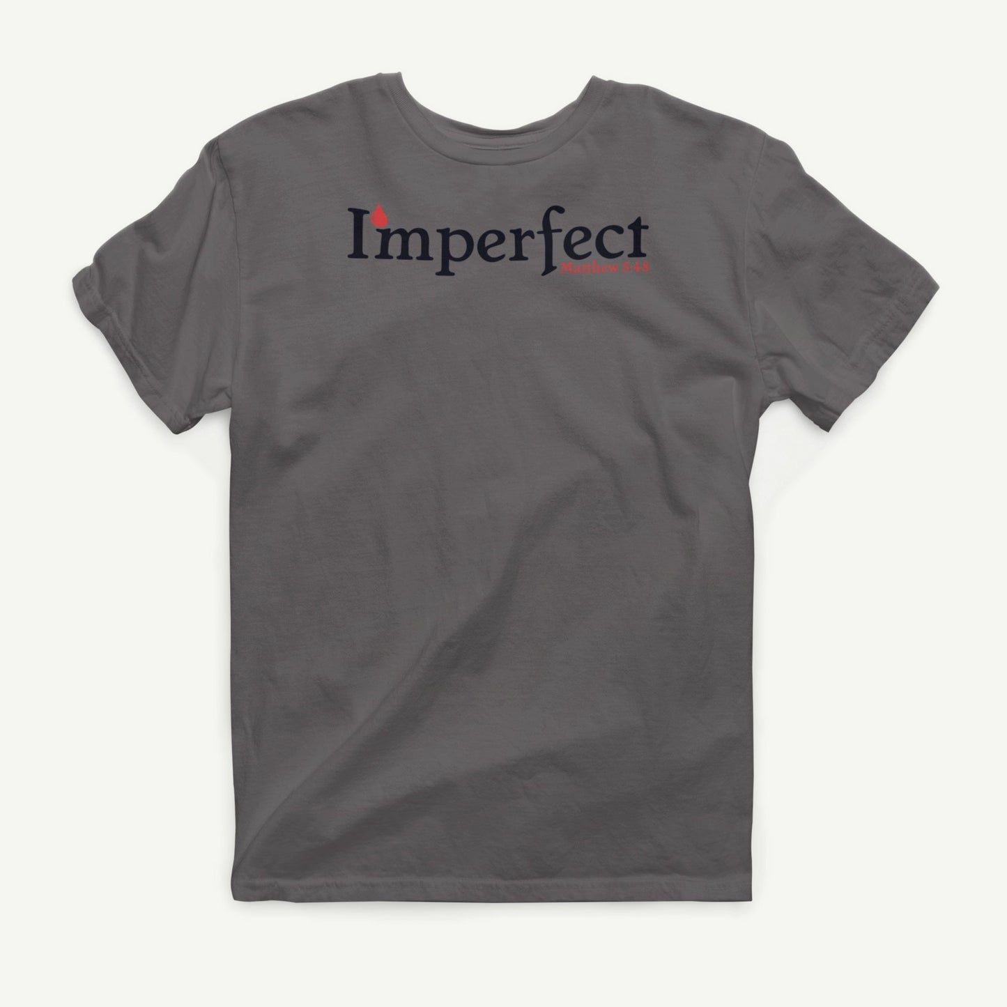 I'mperfect charcoal T-shirt front view with black and red Matthew 5:48 design