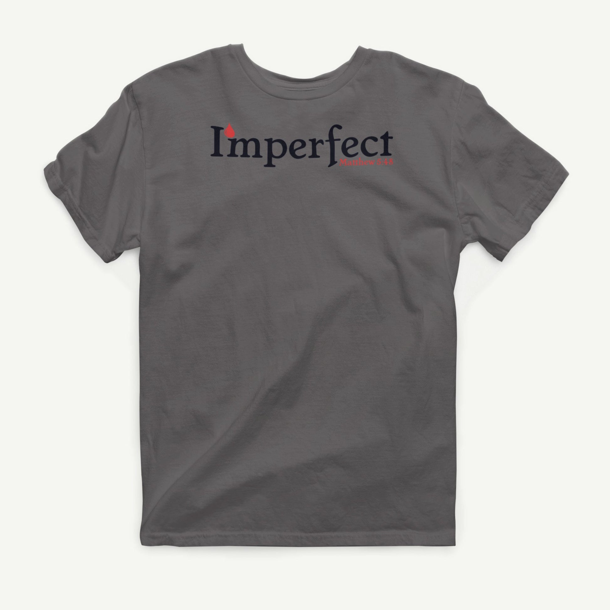 I'mperfect charcoal T-shirt front view with black and red Matthew 5:48 design