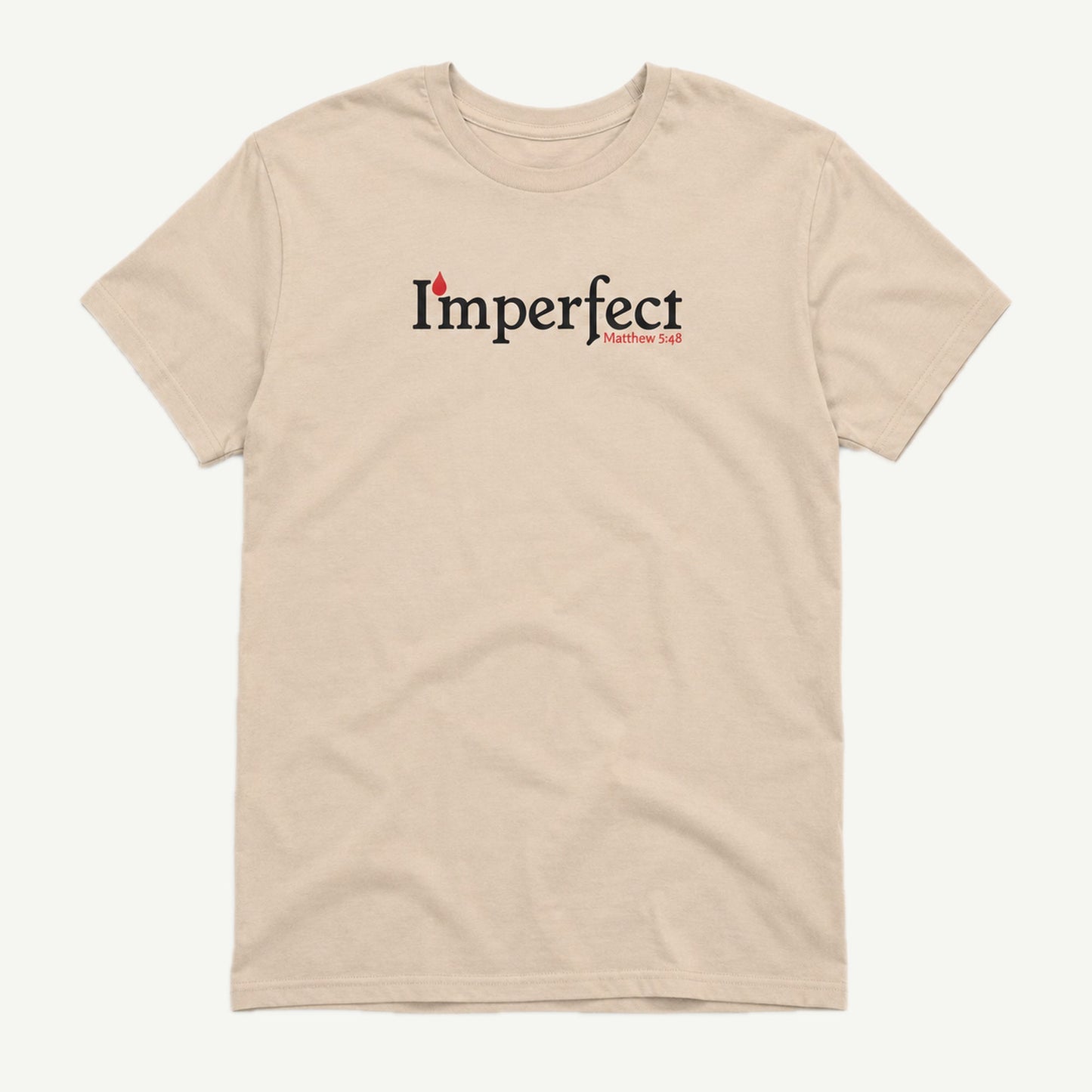 I'mperfect natural T-shirt front view with black and red Matthew 5:48 design