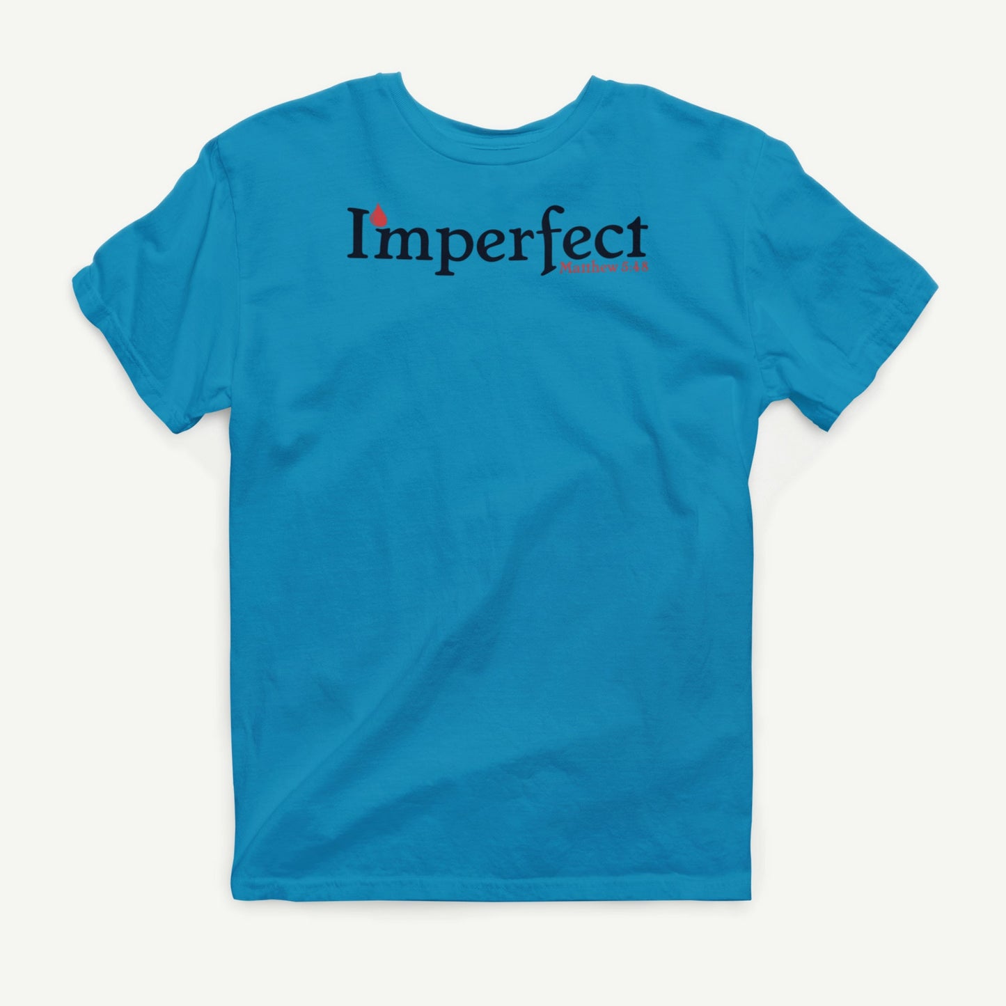 I'mperfect sapphire T-shirt front view with black and red Matthew 5:48 design