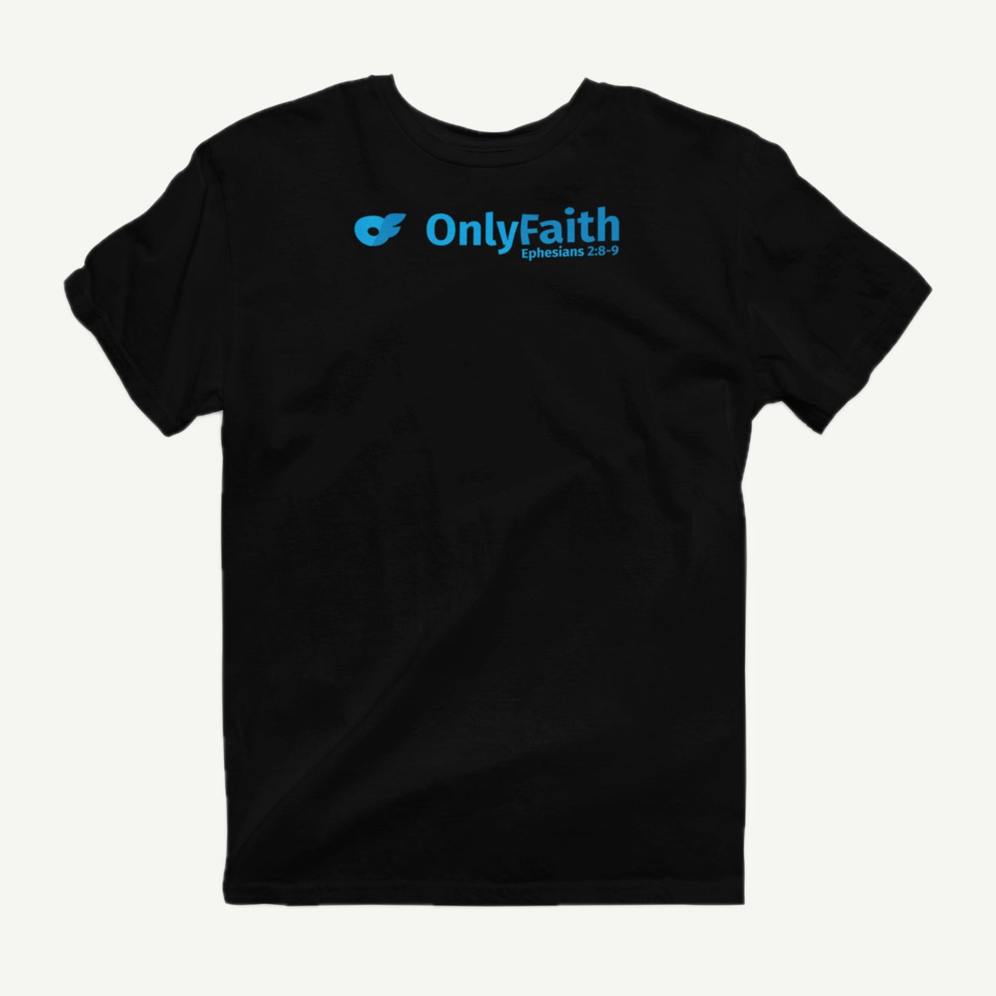 Only Faith black T-shirt front view with blue Ephesians 2:8-9 design