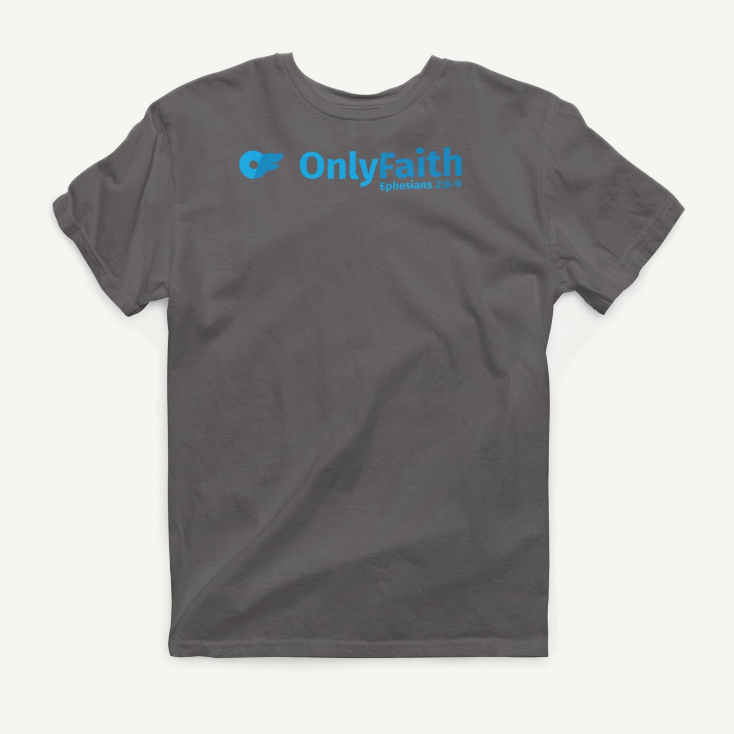 Only Faith charcoal T-shirt front view with blue Ephesians 2:8-9 design
