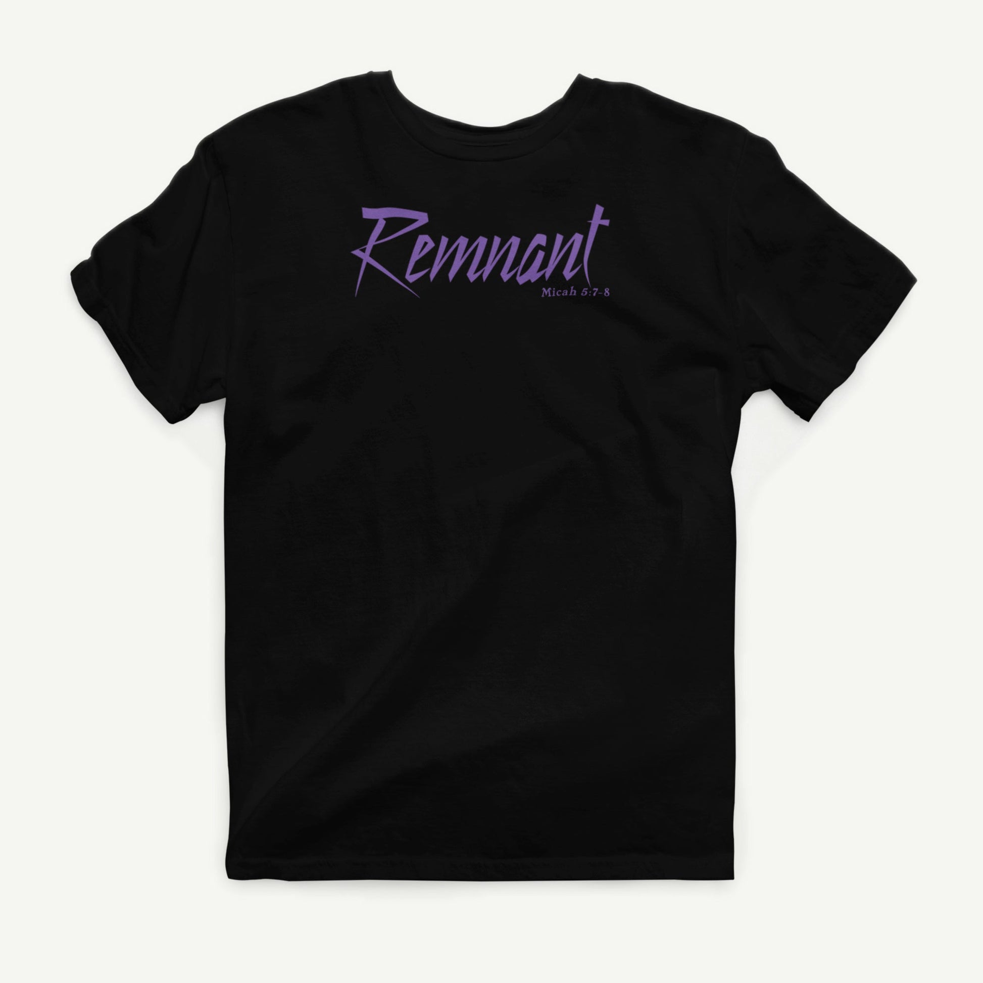 Remnant black T-shirt front view with purple Micah 5:7-8 design