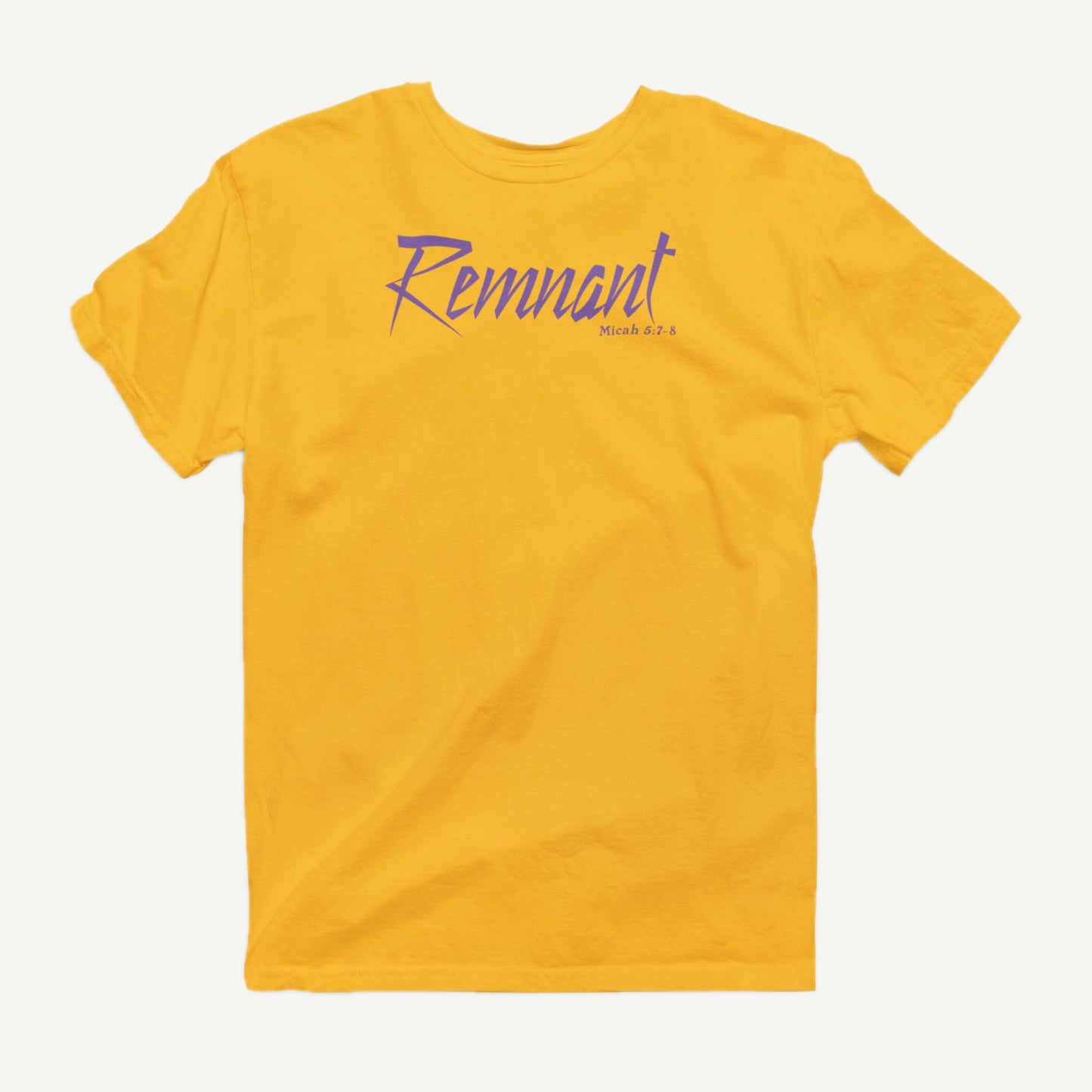 Remnant gold T-shirt front view with purple Micah 5:7-8 design