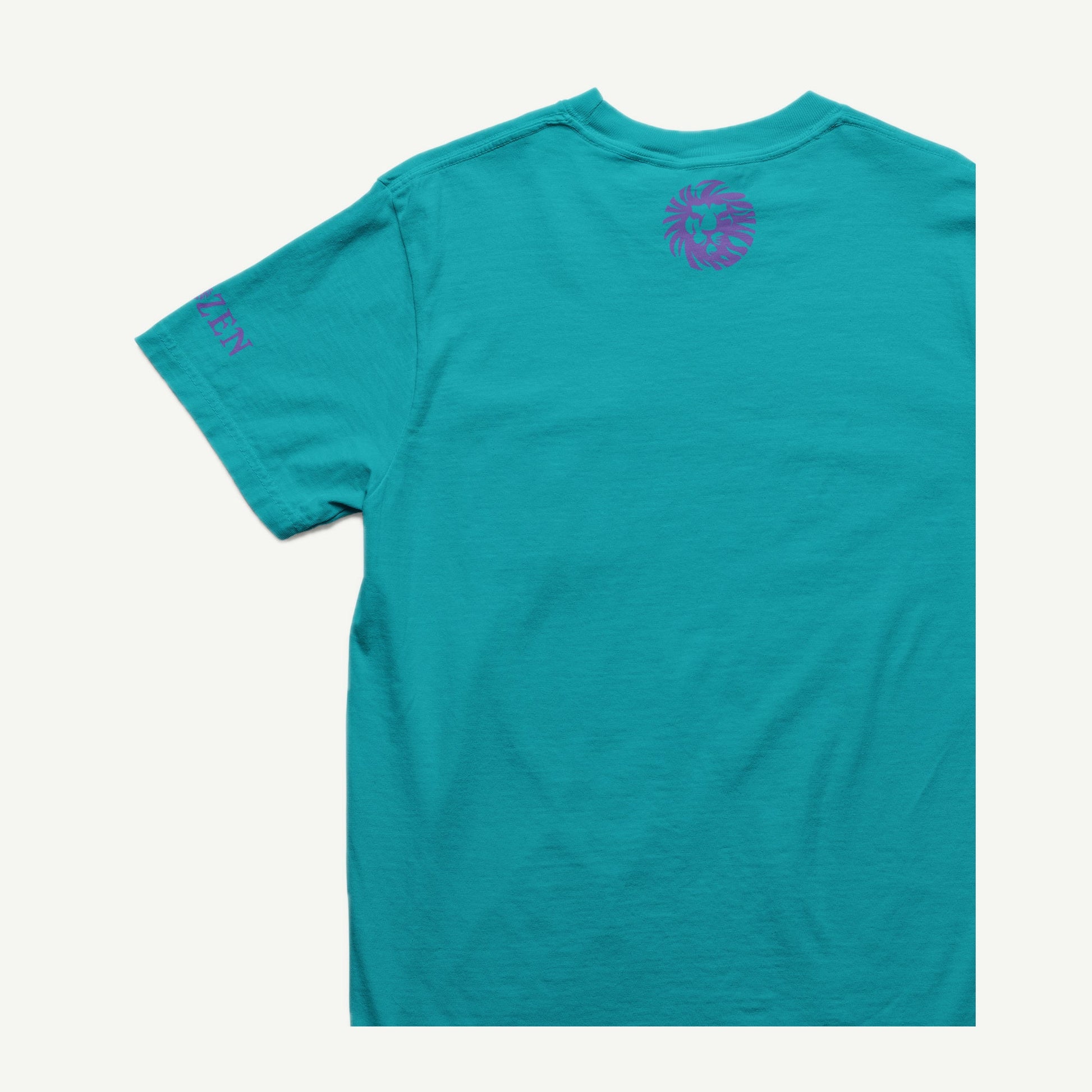 Remnant tropical blue T-shirt back and left sleeve view with purple CHOZEN branding