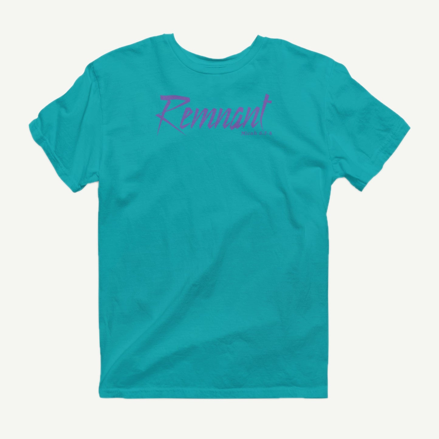 Remnant tropical blue T-shirt front view with purple Micah 5:7-8 design