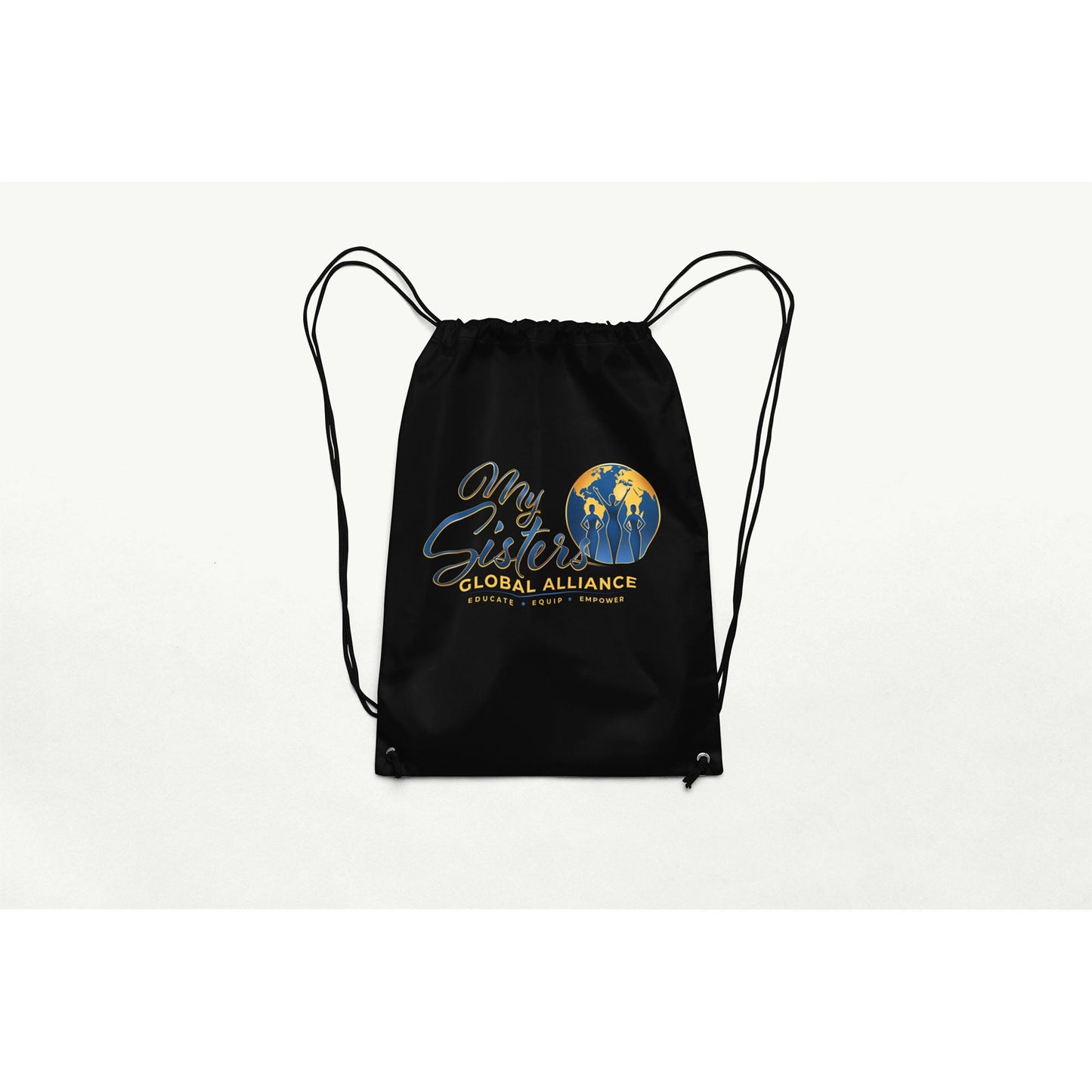 MySGA drawstring backpack in black with gold and blue logo