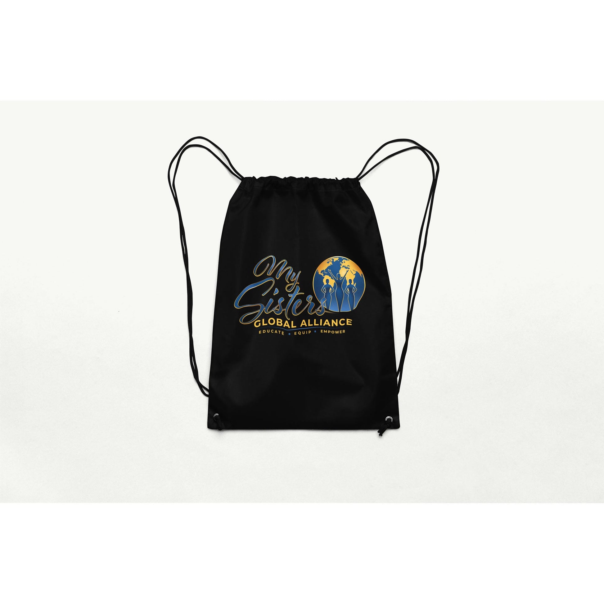 MySGA drawstring backpack in black with gold and blue logo