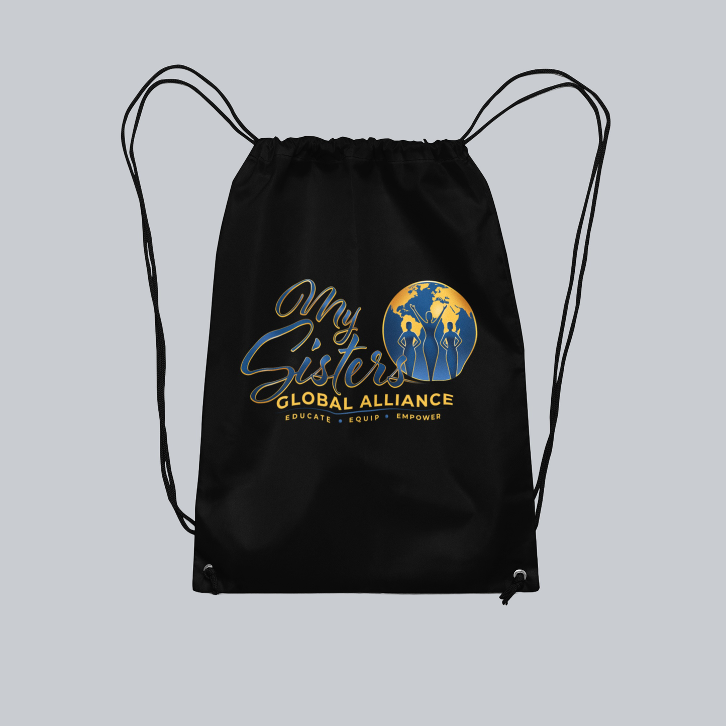 MySGA black drawstring backpack on the approved uniform gray background without borders, 2000 by 2000