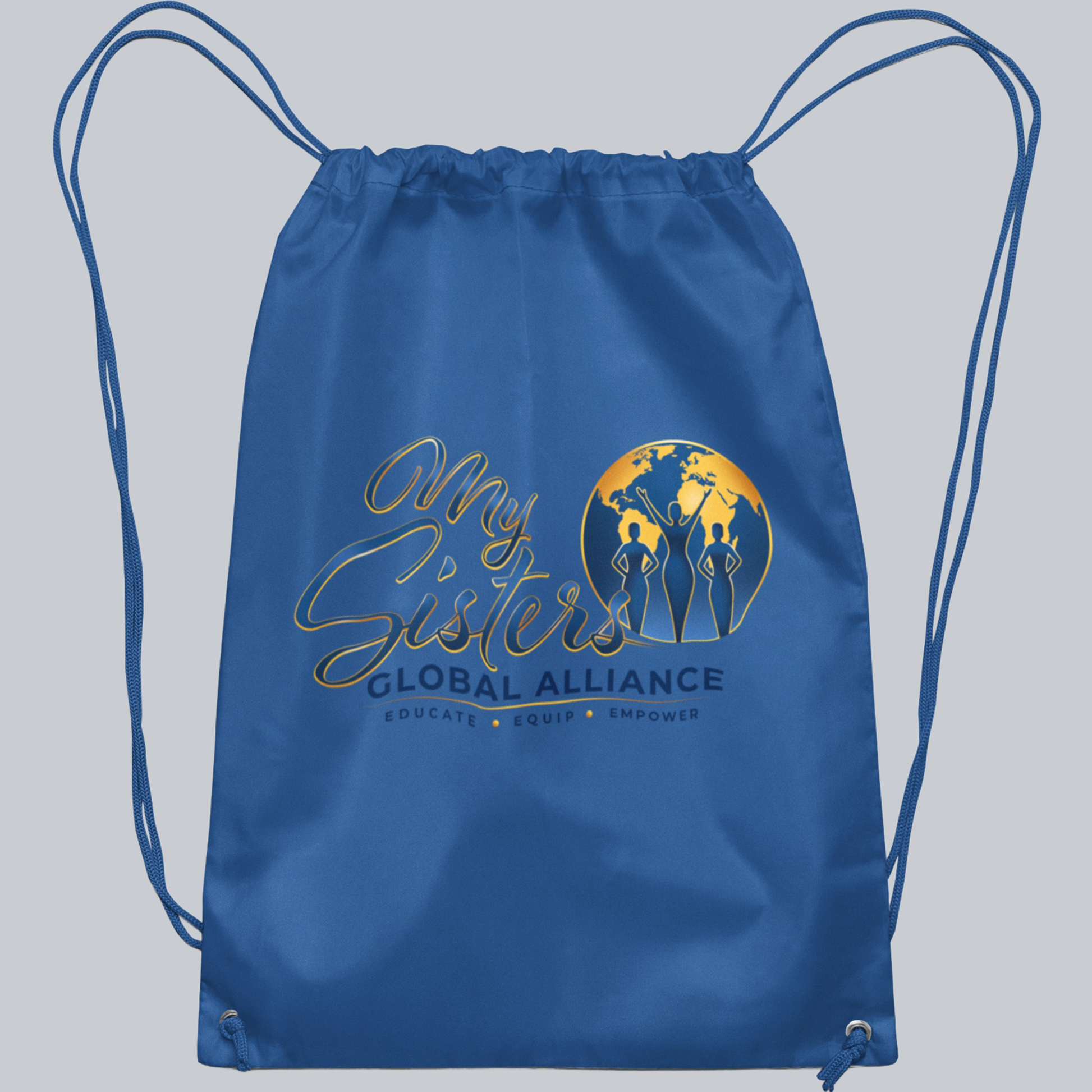 MySGA royal blue drawstring backpack on the approved gray background without borders, 2000 by 2000