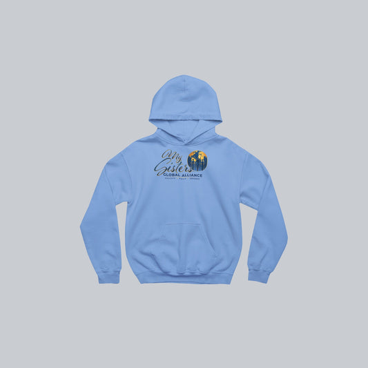 My Sisters Global Alliance blue logo premium hoodie in Carolina blue on neutral gray background