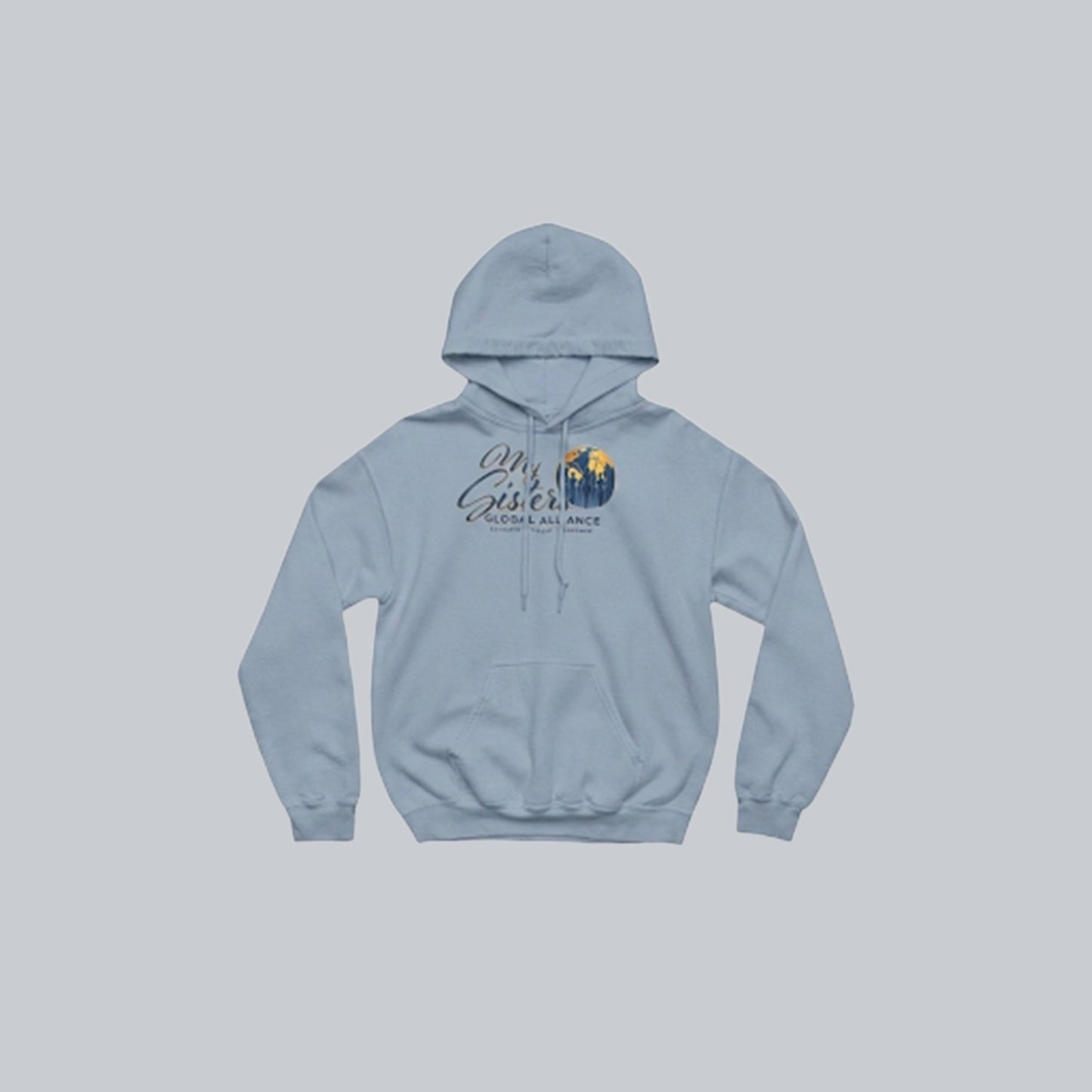 My Sisters Global Alliance blue logo premium hoodie in Stone Blue on neutral gray background