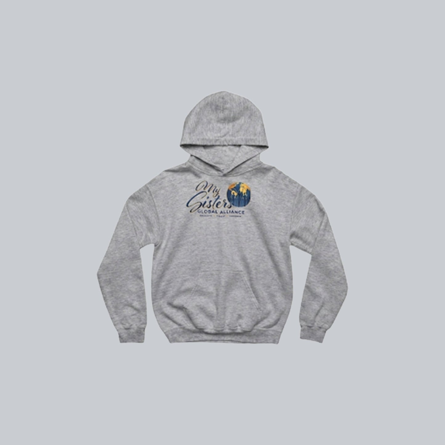 My Sisters Global Alliance blue logo premium hoodie in sports gray on neutral gray background