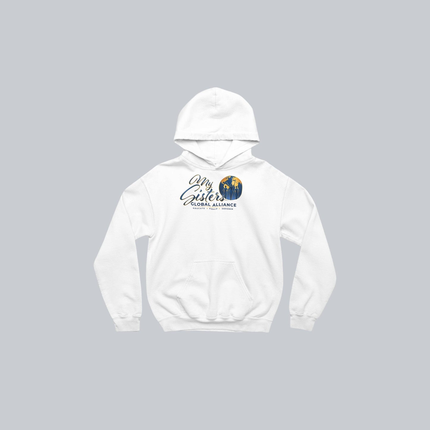 My Sisters Global Alliance blue logo premium hoodie in white on neutral gray background
