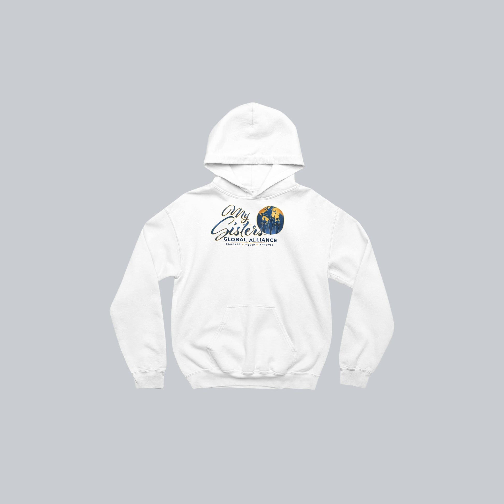 My Sisters Global Alliance blue logo premium hoodie in white on neutral gray background