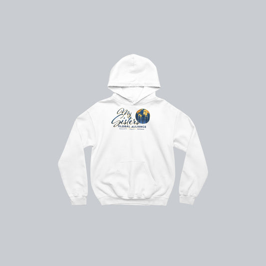 My Sisters Global Alliance blue logo premium hoodie in white on neutral gray background