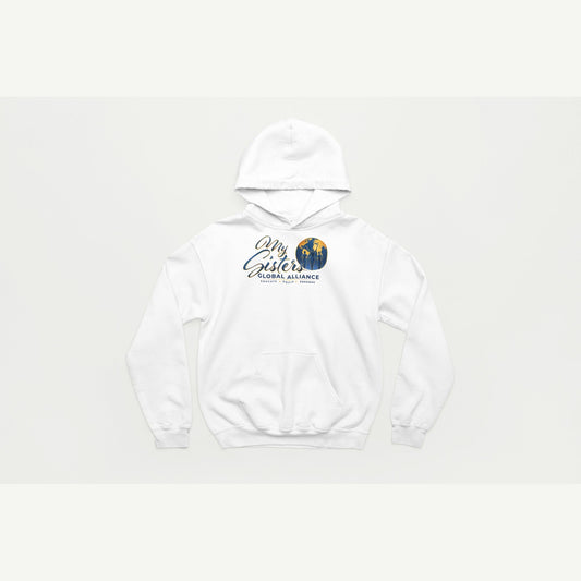My Sisters Global Alliance blue logo hoodie in white