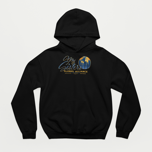 My Sisters Global Alliance gold logo hoodie in black