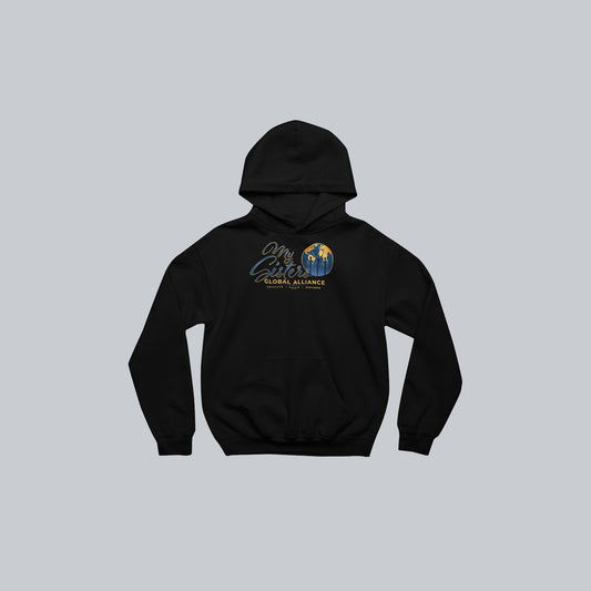 My Sisters Global Alliance gold logo premium hoodie in black on neutral gray background