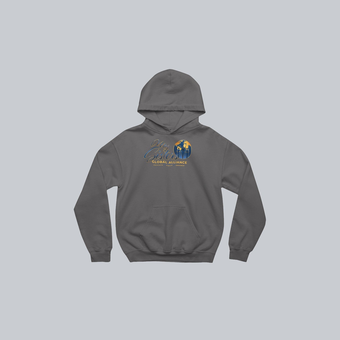 My Sisters Global Alliance gold logo premium hoodie in charcoal on neutral gray background
