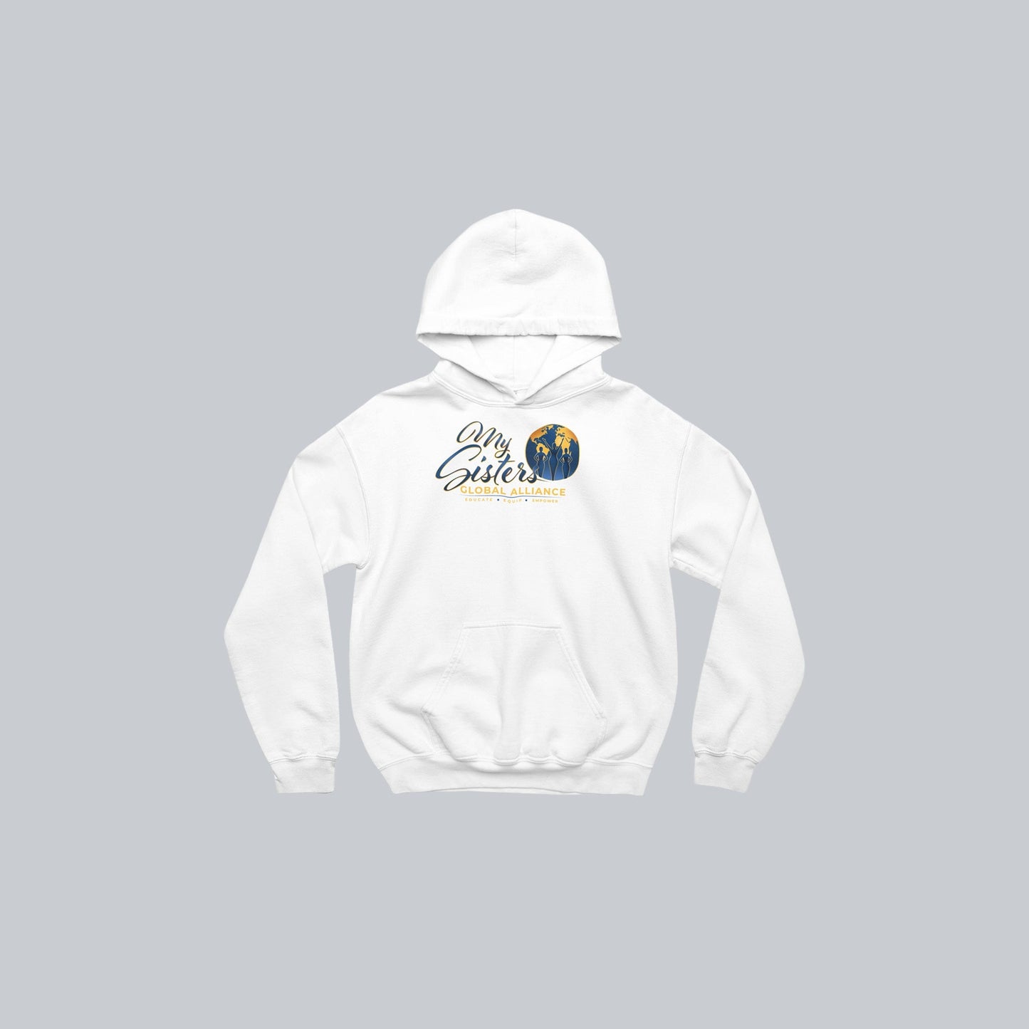 My Sisters Global Alliance gold logo premium hoodie in white on neutral gray background