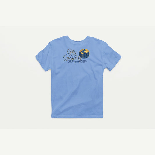 My Sisters Global Alliance blue logo performance tee in Carolina blue