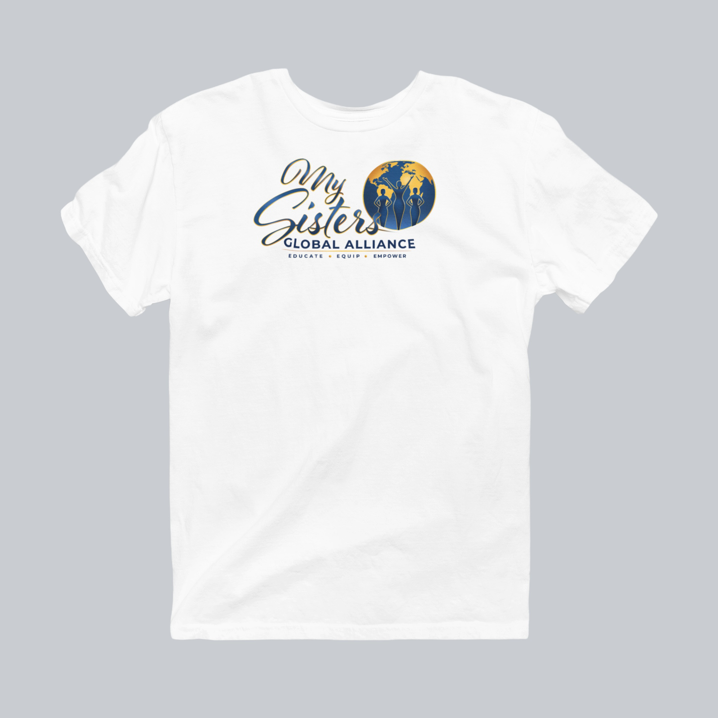 My Sisters Global Alliance blue logo performance tee in white on neutral gray background