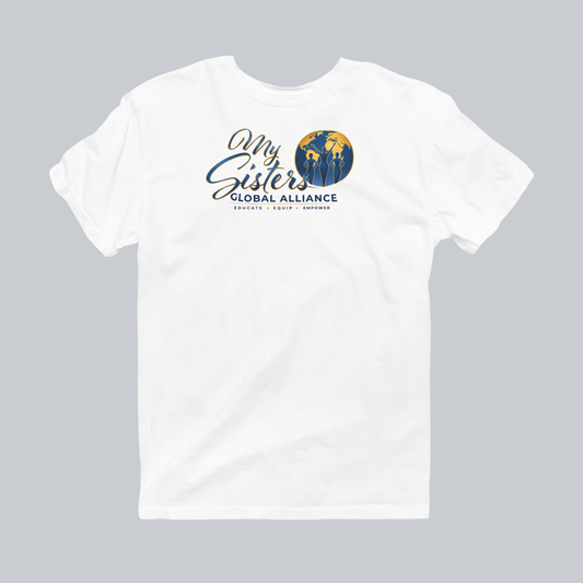 My Sisters Global Alliance blue logo performance tee in white on neutral gray background