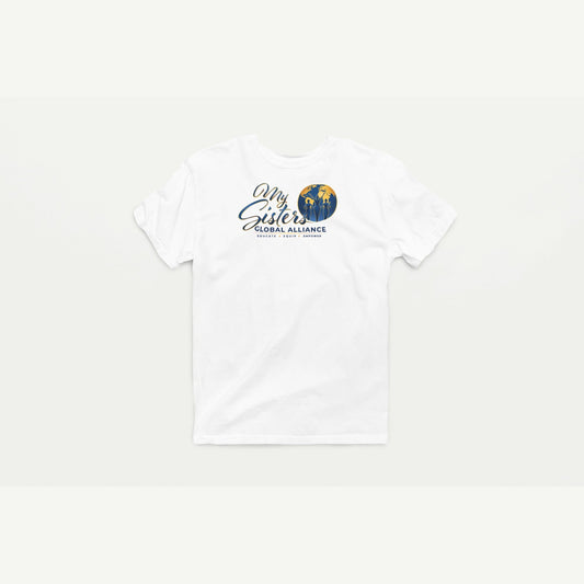 My Sisters Global Alliance blue logo performance tee in white