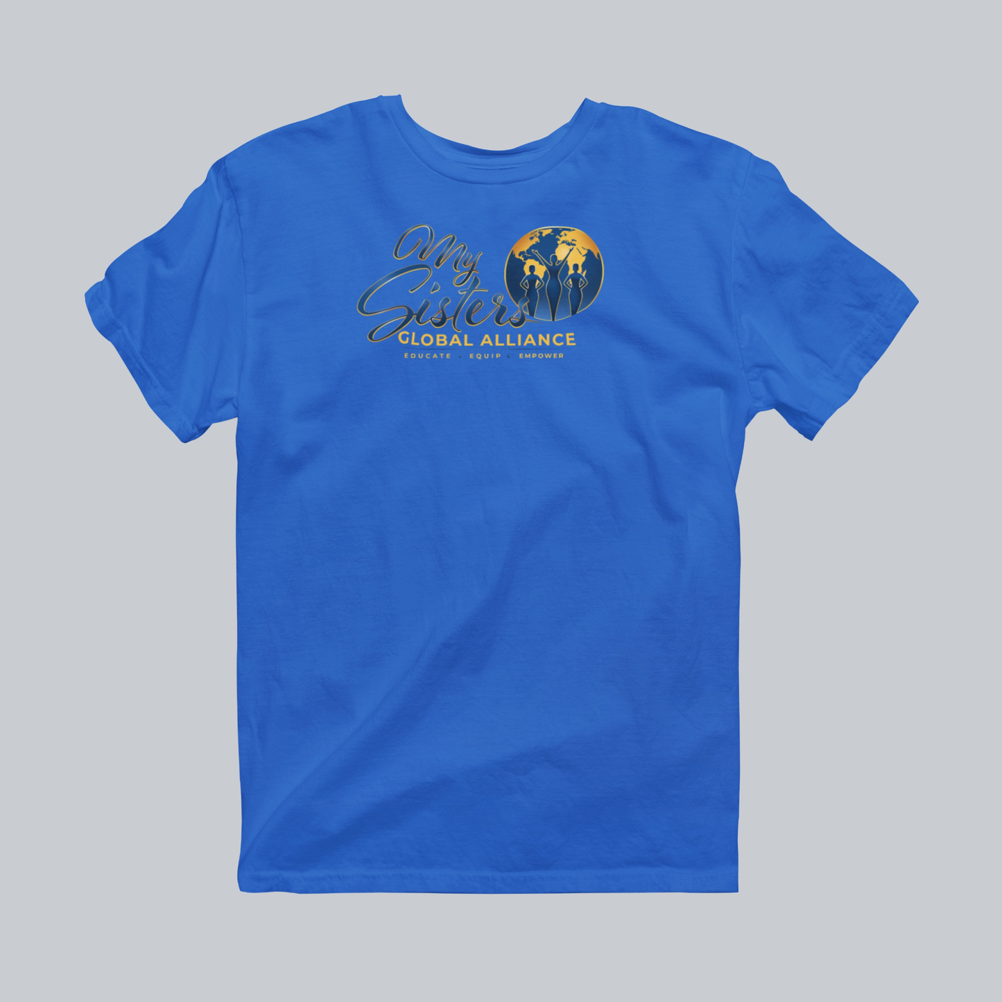 My Sisters Global Alliance gold logo performance tee in royal blue on neutral gray background